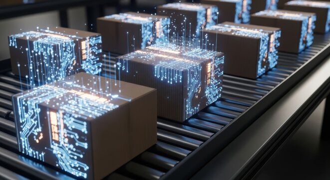 Smart Logistics and Digital Supply Chain: Cardboard Boxes on Conveyor Belt with Glowing Circuit Board Overlay for Automated Delivery and Warehouse Technology