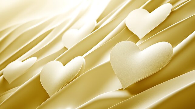 Flat lay of love-themed paper hearts on neutral pastel background illuminated by cozy light