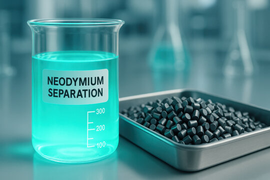 Beaker of glowing aqua solvent for neodymium separation in clean laboratory. This futuristic chemistry process shows innovative recovery of rare earth elements