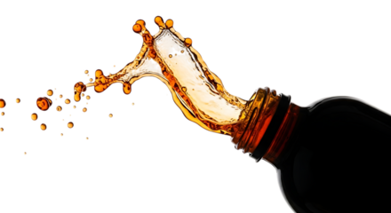 Dark liquid splashing from a bottle isolated on transparent background, creating a dynamic and abstract form, conveying a sense of energy, movement, and refreshment, ideal for beverage or product adve