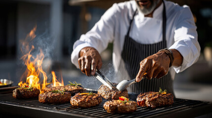 African chef grilling juicy burgers on open flame with smoke and flames in outdoor setting for delicious bbq experience