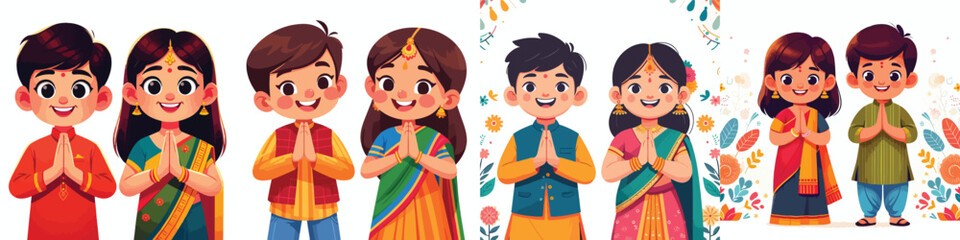 Indian male and female student gestures namaste