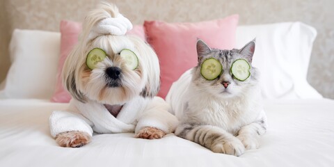 Dog and cat relaxing enjoying a spa day together