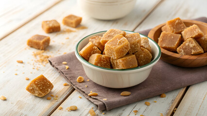 Jaggery Gur in Small Bowl – Natural Unrefined Cane Sugar on Wooden Table