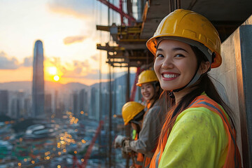 Smiling female construction workers, asian women in safety gear on an urban building site during sunset with city skyline in the background