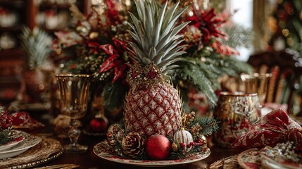 Christmas-themed PNG with pineapple centerpiece adorned with ornaments, ribbons, and festive embellishments