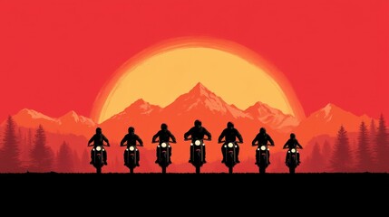 Fototapeta premium Vivid Sunset Ride: Dark Outlines of Motorcyclists Against a Fiery Evening Sky with Majestic Mountains in the Background