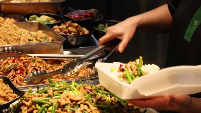 Fresh mixed vegetable street food being placed into a white takeout container, ready to go for office or home, showcasing convenient, healthy, and colorful meal options on the move.