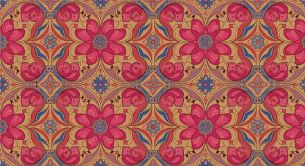 Fototapeta premium Vibrant, intricate repeating floral pattern with ornate pink flowers, blue leaves, and geometric accents on a warm golden-brown background.