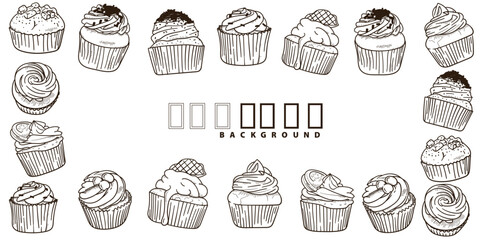 Cupcake vector illustration in hand drawn design in various topping. isolated on white background