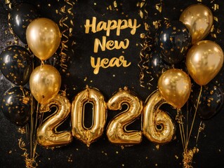 Happy new year 2026 celebration with balloons and confetti