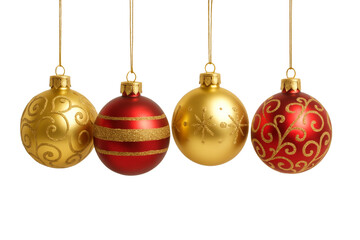 Christmas baubles with gold and red glossy finish, decorative patterns,