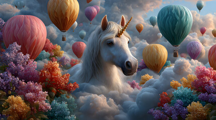 Unicorn Floating with Pastel Hot Air Balloons Above the Clouds – Dreamy Fantasy Illustration