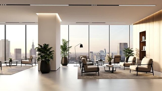 Spacious, minimalist office lounge featuring comfortable seating and large windows overlooking a city.