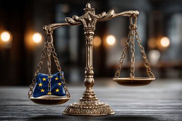 EU influence on national sovereignty depicted with scales of justice, concept of crisis in European Union