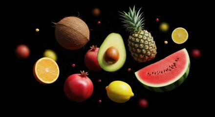 Tropical fruits floating on a dark background