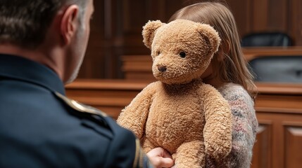 A young Caucasian girl holding a teddy bear while interacting with a police officer in a courtroom setting.