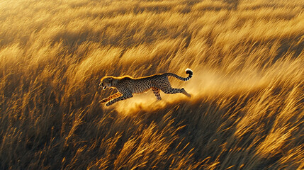 Cheetah sprinting through golden grasslands at sunset capturing speed and grace