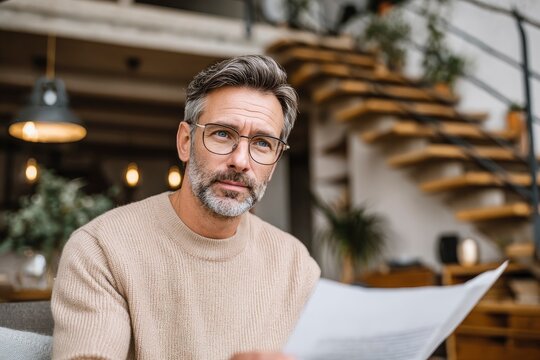 A focused and distinguished mature man, wearing stylish eyeglasses and a comfortable knit sweater, gazes thoughtfully directly at the camera while holding a paper document. His salt-and-pepper hair an