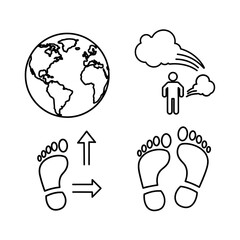 Line art depicting Earth, a person emitting gas, footprints with directional arrows, and a pair of footprints.