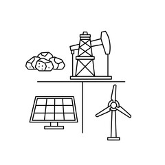 Line art illustration depicting four energy sources: coal, oil pump, solar panel, and wind turbine.