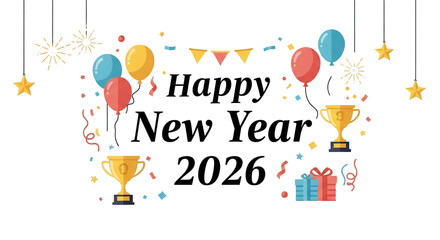 Happy new year 2026 celebration with balloons, confetti, and golden trophies isolated on transparent background