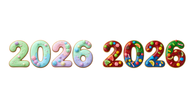 Colorful icing decorated numbers 2026 bundle isolated on transparent background
