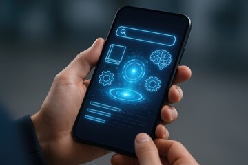 Smartphone interface with ai, learning, and data icons for digital information access and analysis