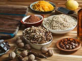 Bowls of nuts, orange zest, cocoa powder, and chocolate sit on a wooden surface with a lemon and a grater, ready to be combined into a delicious baked dessert