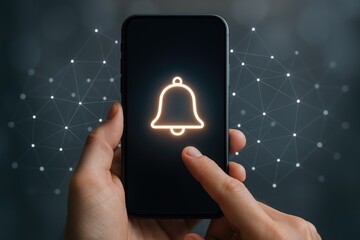 Smartphone notification bell glowing on screen with network data points connection