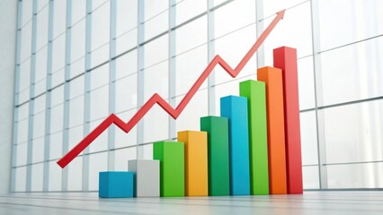 A colorful bar chart with an upward trend, symbolizing growth and success against a modern glass backdrop.