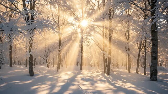 Serene Winter Wonderland: Sunbeams Through Snow-Covered Trees, a Forest Landscape