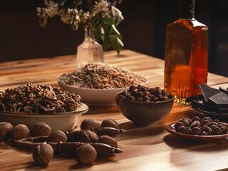 Assortment of nuts are displayed in bowls on a wooden table with liquor and chocolate. A nutcracker sits near walnuts still in their shells. Flowers provide a natural centerpiece