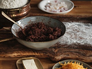 A rustic wooden table displays ingredients. A bowl filled with a dark mixture sits beside bowls containing flour, butter, and candied fruit, preparing for a baking adventure