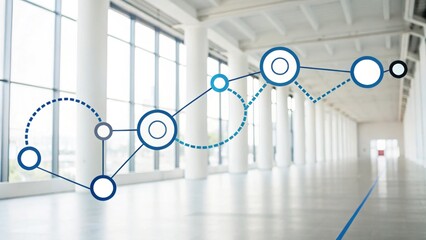 A modern, spacious interior featuring large windows and a data visualization graphic overlay representing growth and analysis.