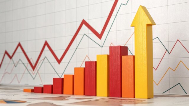 A colorful bar chart shows growth trends with an upward arrow, symbolizing rising data and positive performance in business metrics.