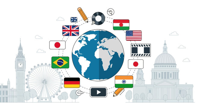 This flat design artwork illustrates the global reach and international participation of the London International Animation Festival, showcasing its worldwide appeal and diverse contributions. 