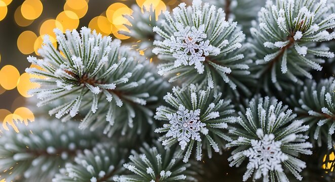 Evergreen needles covered with white frost and detailed ice crystals stand out against a warm light bokeh background