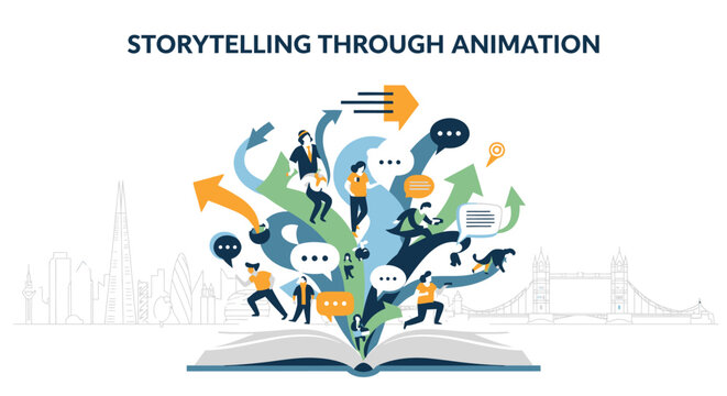 This flat design visualizes the concept of storytelling through animation, with narrative elements transforming into dynamic visual forms, central to the London International Animation Festival. 