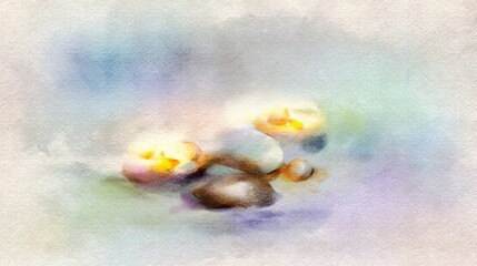 Obraz premium Watercolor painting of soft pastel spa environment with stones, candles, and calming light, peaceful wellness and relaxation concept symbolizing harmony, balance, and self-care