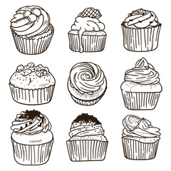 Set collection of cakes in hand drawn design. isolated on white background