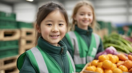 Young Helpers at Food Bank Sorting Fresh Produce with Smiles and Vibrant Energy in Community Service Engagement