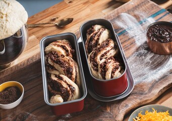 On a wooden surface, two red baking pans hold doughy twists speckled with chocolate. A bowl of more dough and a small bowl of chocolate shavings are nearby, implying baking in progress