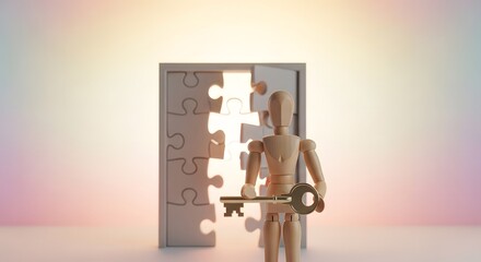 Obraz premium Wooden mannequin holding a key standing in front of an open puzzle door with a pastel-colored background
