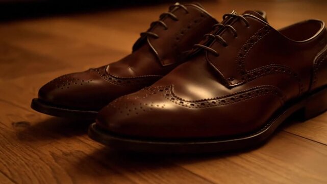 Classic brown leather brogue shoes with intricate details on a polished wooden floor