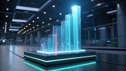 A futuristic holographic bar graph displays data trends in a sleek, high-tech environment, showcasing innovation and digital advancements.