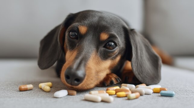 Dachshund with Various Medications Spread Around Its Home, Resting Comfortably on a Soft Surface, Captivating Close-Up Shot