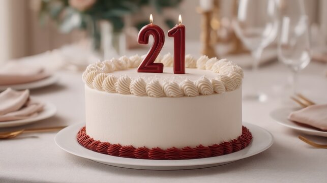 Elegant 21st Birthday Cake with Frosting and Red Number Candles on a Dining Table Setting