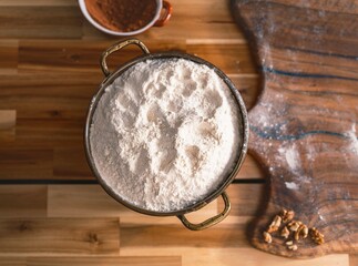 A metal pot overflows with flour, sitting beside a cup of cocoa powder and some scattered walnuts on a light brown wooden surface. All ingredients are ready for baking on the table