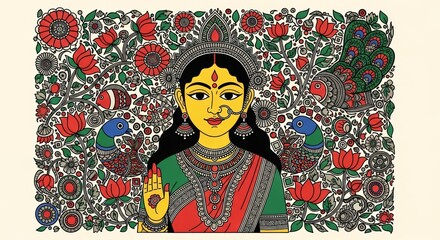 Vibrant Indian deity illustration amidst a folk art floral motif background